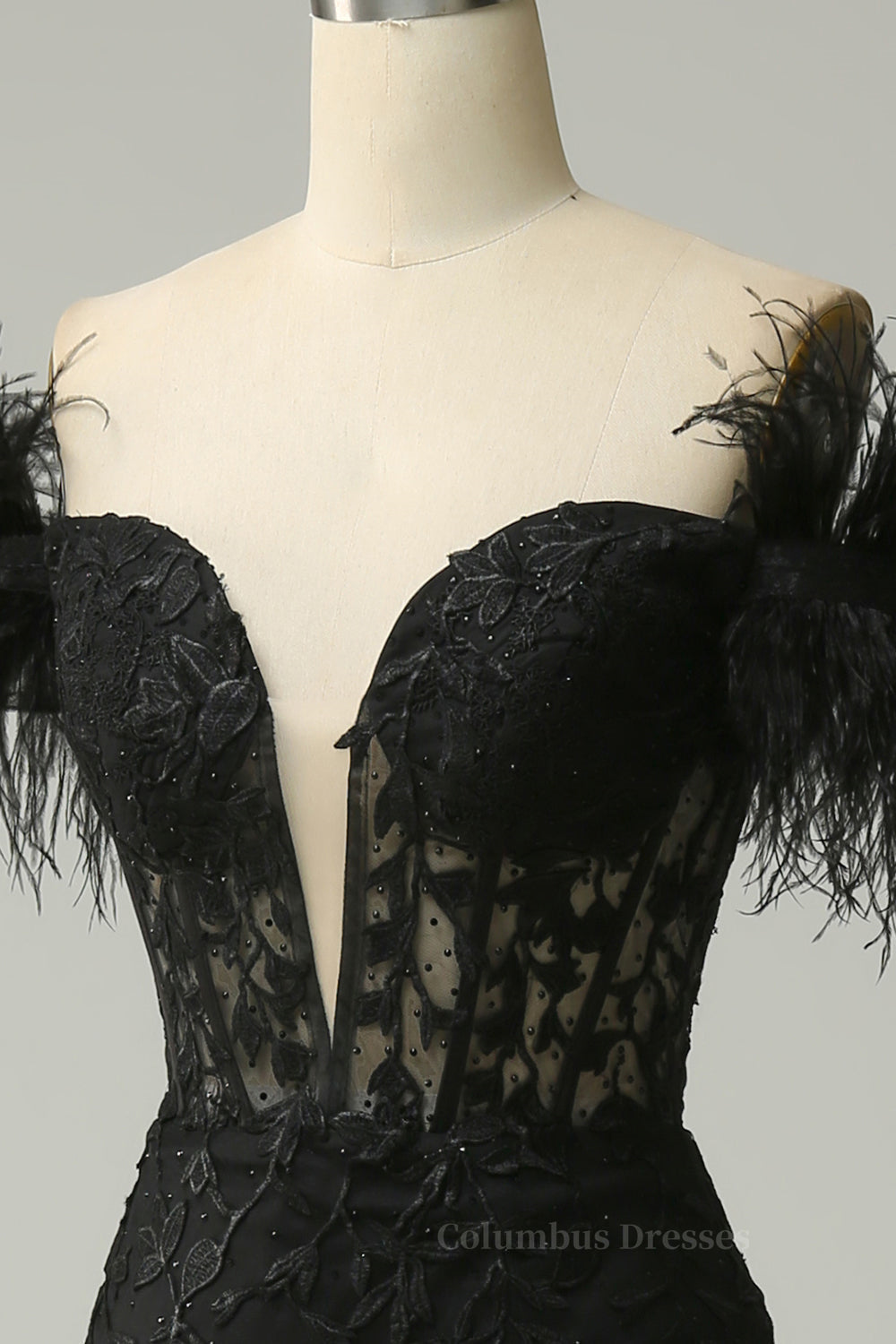 Wedding Inspiration, Black Plunging Off-the-Shoulder Feathers Mermaid Long Prom Dress with Slit