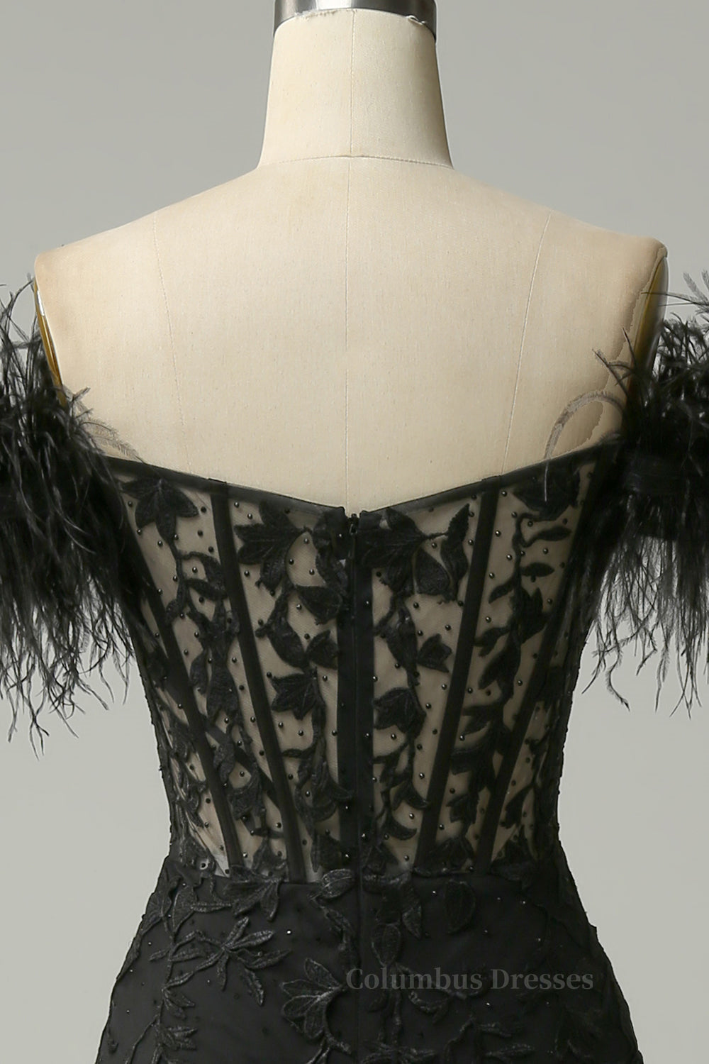 Prom Shoes, Black Plunging Off-the-Shoulder Feathers Mermaid Long Prom Dress with Slit