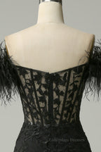 Prom Shoes, Black Plunging Off-the-Shoulder Feathers Mermaid Long Prom Dress with Slit