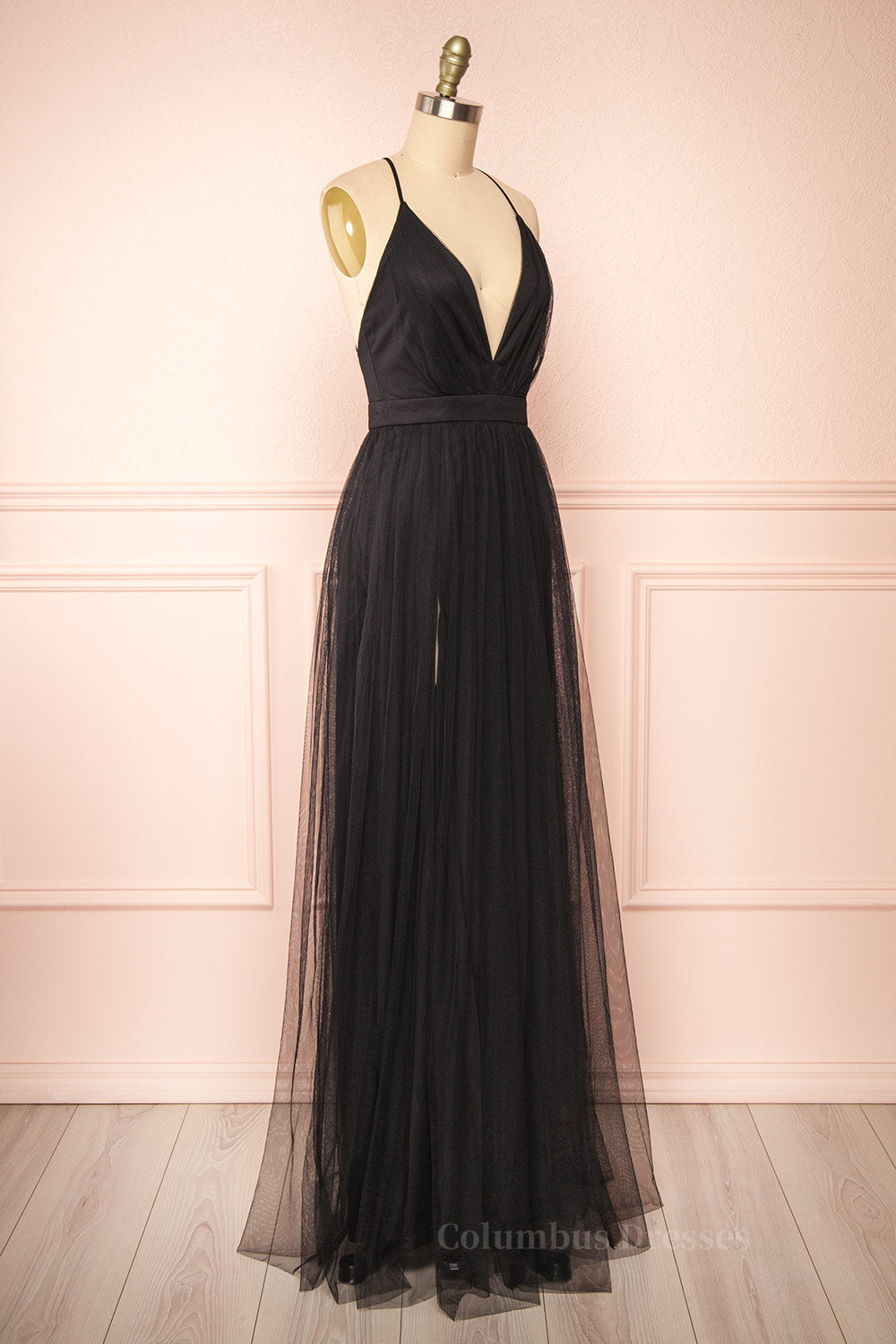 Bridesmaid Dress Dark, Black Plunging V Neck Crossed Back A-line Tulle Long Prom Dress