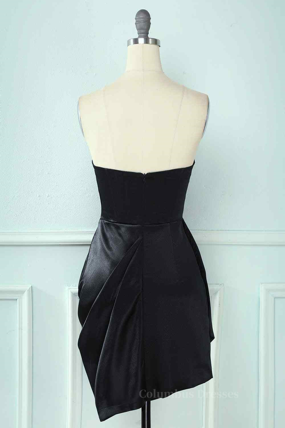 Party Dress Renswoude, Black Sheath Strapless Sweetheart Pleated Leather Mini Homecoming Dress Main image