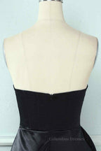Party Dress Top, Black Sheath Strapless Sweetheart Pleated Leather Mini Homecoming Dress
