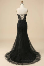 Bridesmaid Dresses Beach Weddings, Black Strapless Lace-Up Appliques Long Prom Dress with Slit
