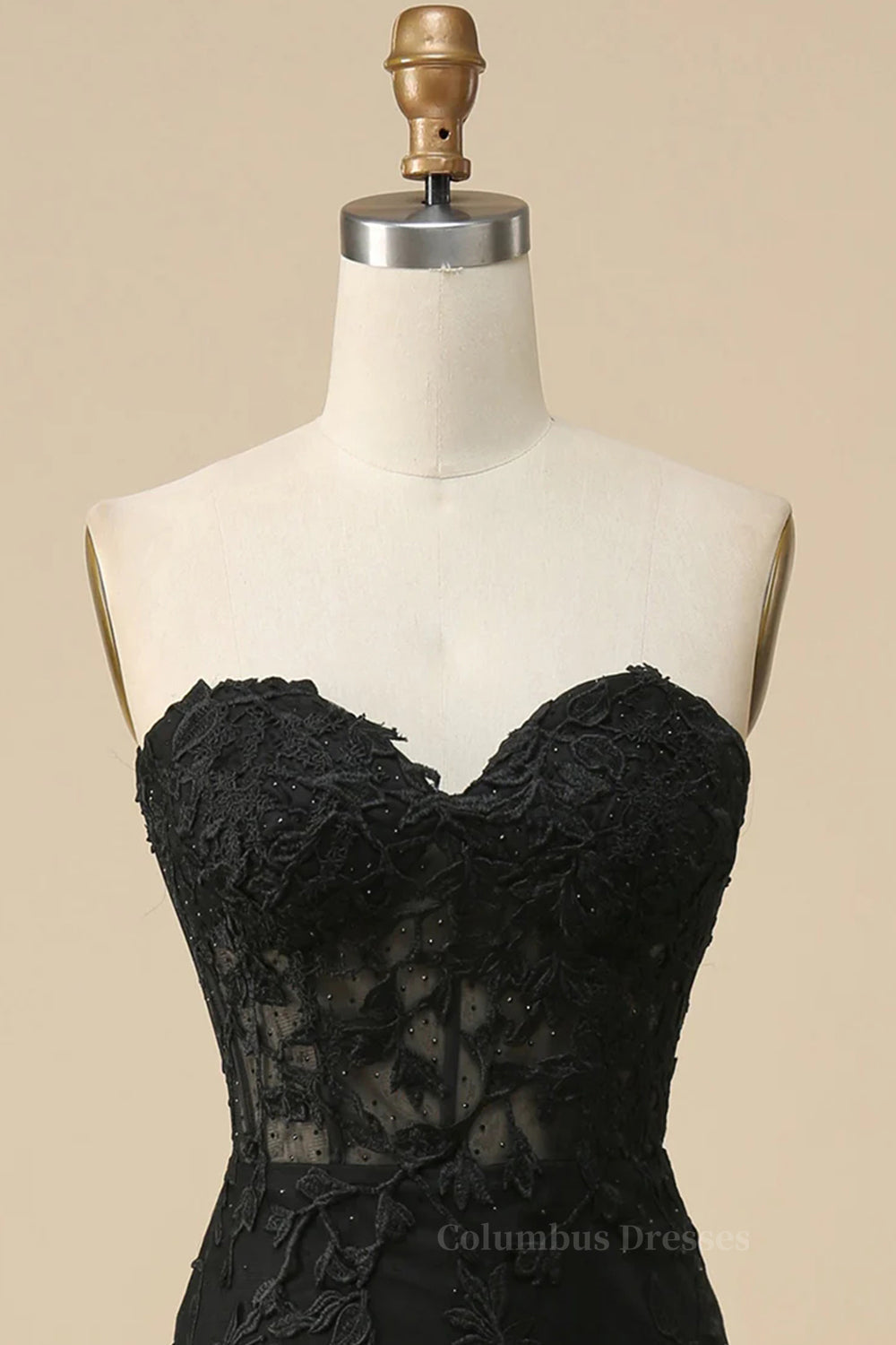 Bridesmaids Dresses Beach Wedding, Black Strapless Lace-Up Appliques Long Prom Dress with Slit Main image