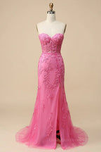 Bridesmaid Dresses Beach Wedding, Black Strapless Lace-Up Appliques Long Prom Dress with Slit