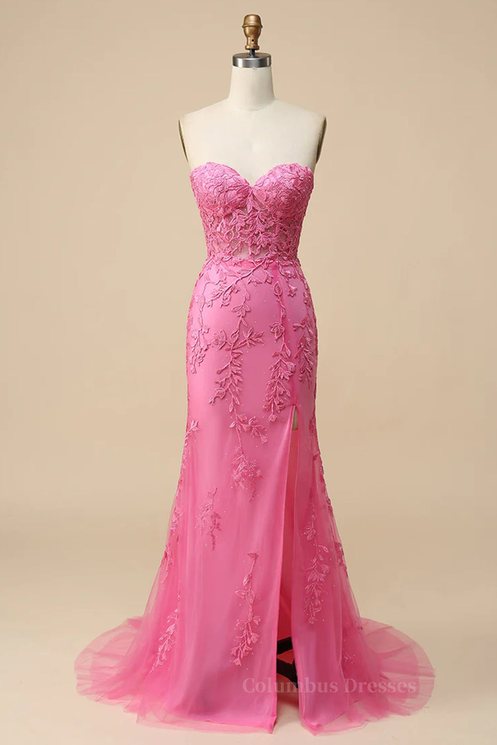 Bridesmaid Dresses Beach Wedding, Black Strapless Lace-Up Appliques Long Prom Dress with Slit