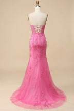 Bridesmaid Dress For Beach Wedding, Black Strapless Lace-Up Appliques Long Prom Dress with Slit