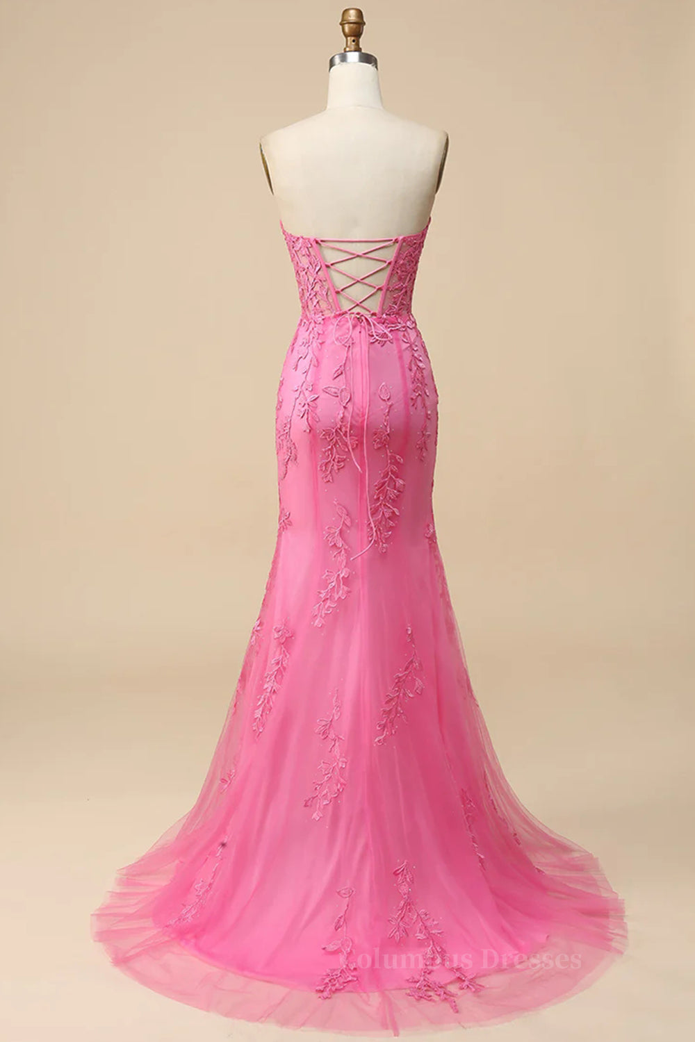 Bridesmaid Dress For Beach Wedding, Black Strapless Lace-Up Appliques Long Prom Dress with Slit