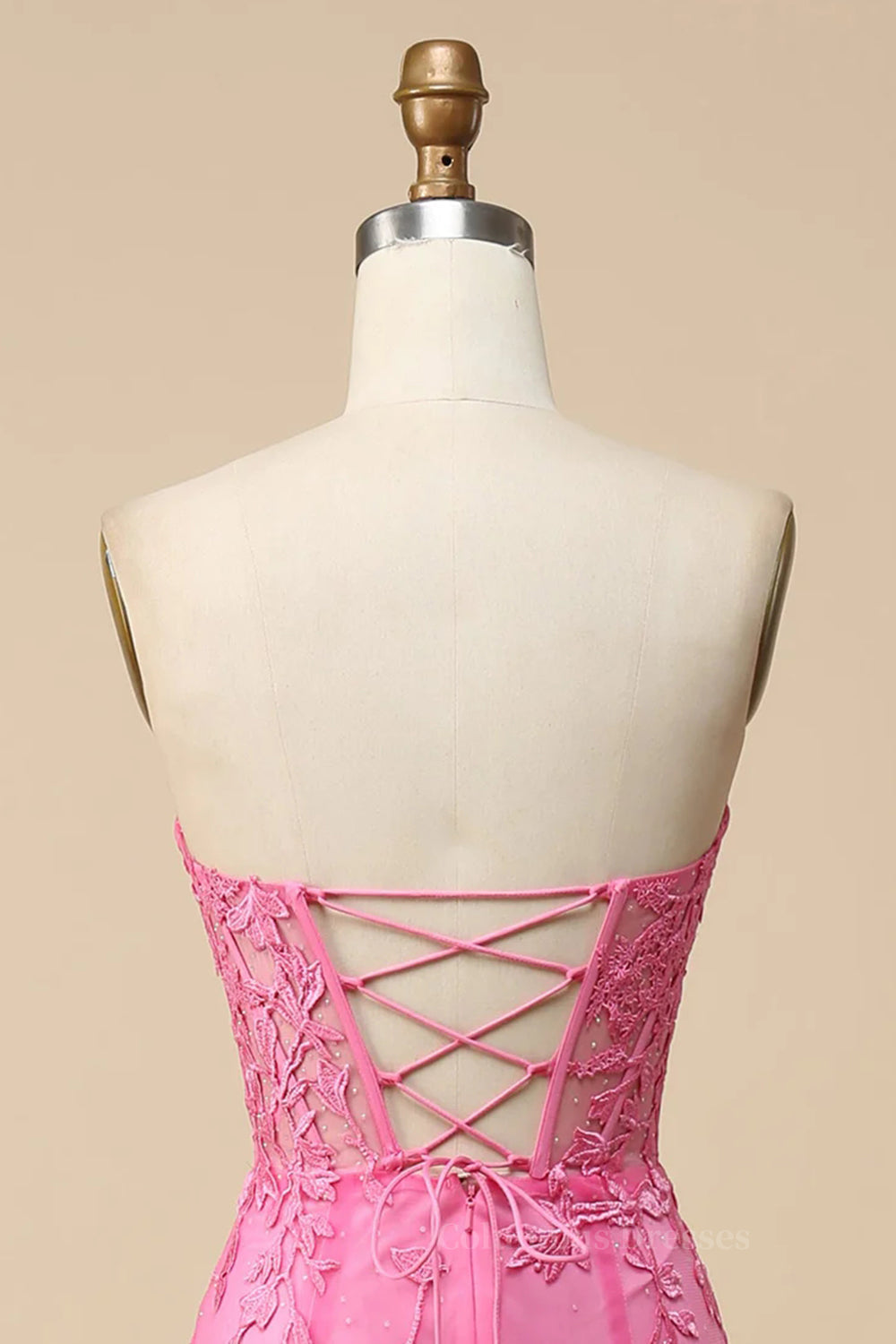 Bridesmaid Dresses For Beach Wedding, Black Strapless Lace-Up Appliques Long Prom Dress with Slit