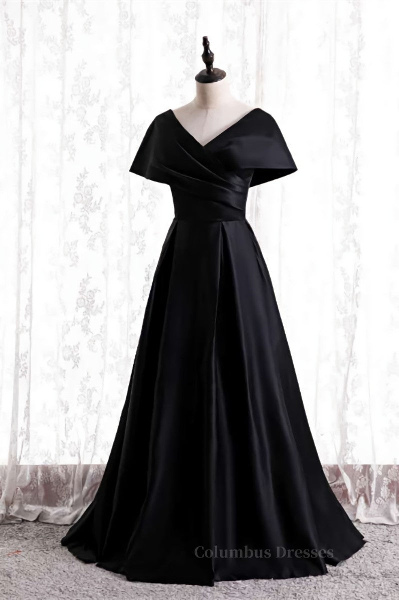 Black V Neck Satin Pleated Bat wing Sleeves Long Formal Dress Secondary image
