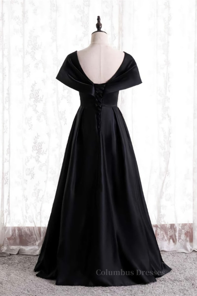 Formal Dress For Party Wear, Black V Neck Satin Pleated Bat wing Sleeves Long Formal Dress Main image