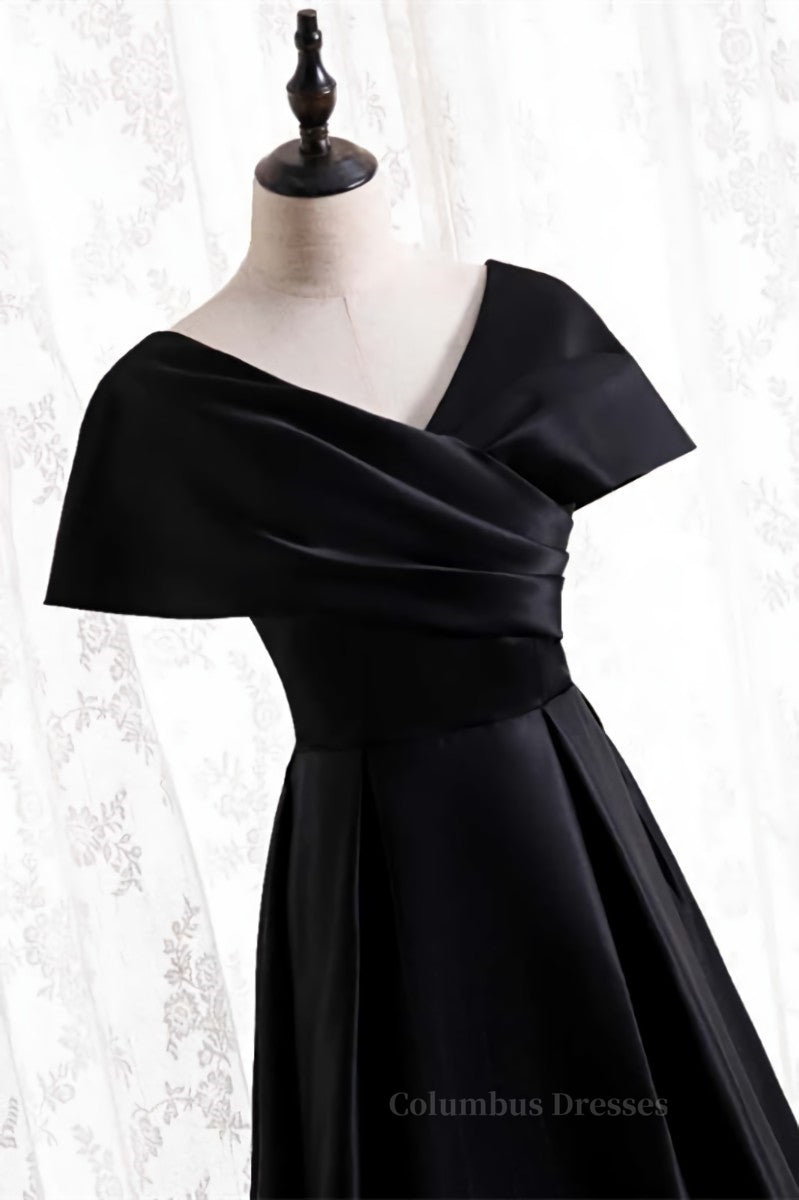 Formal Dress Long Sleeve, Black V Neck Satin Pleated Bat wing Sleeves Long Formal Dress