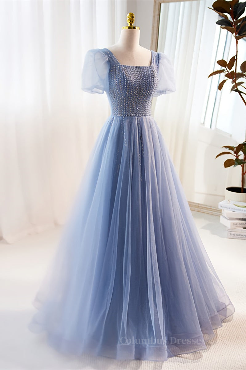 Party Dress For Teen, Blue Beaded Puff Sleeves A-line Tulle Long Prom Dress