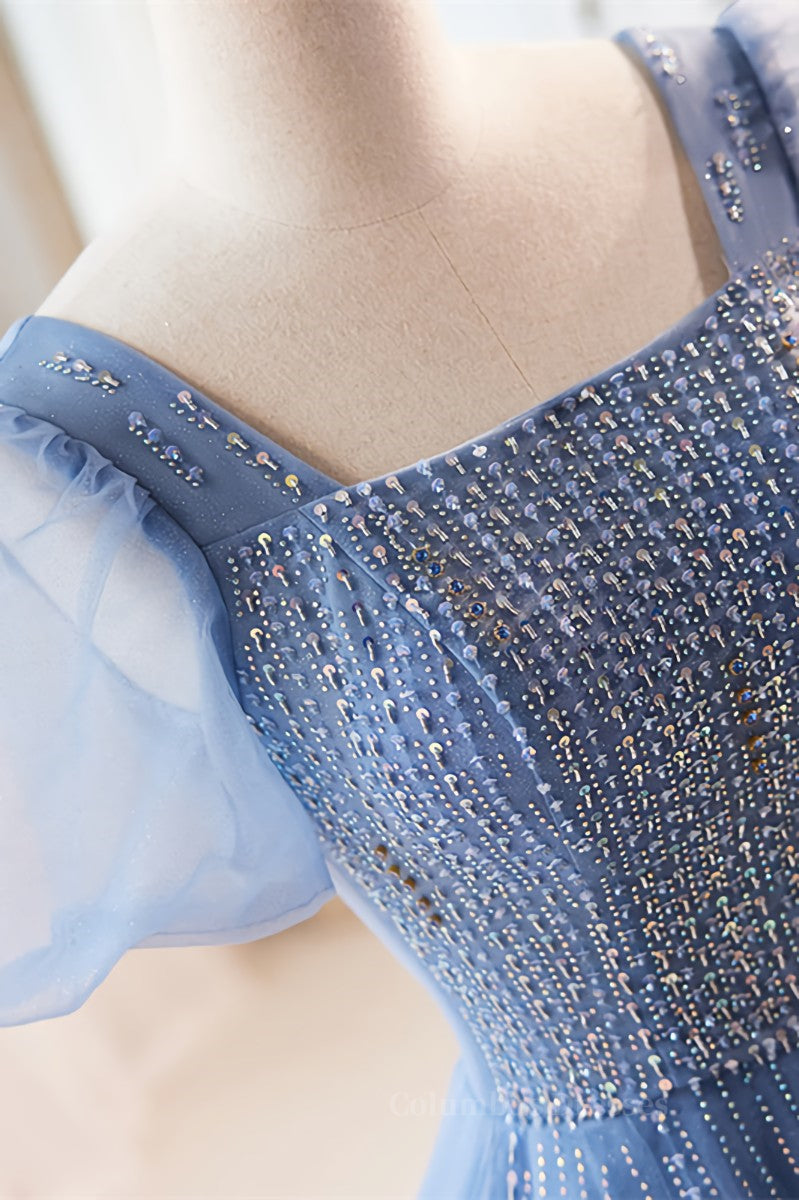 Party Dress Website, Blue Beaded Puff Sleeves A-line Tulle Long Prom Dress