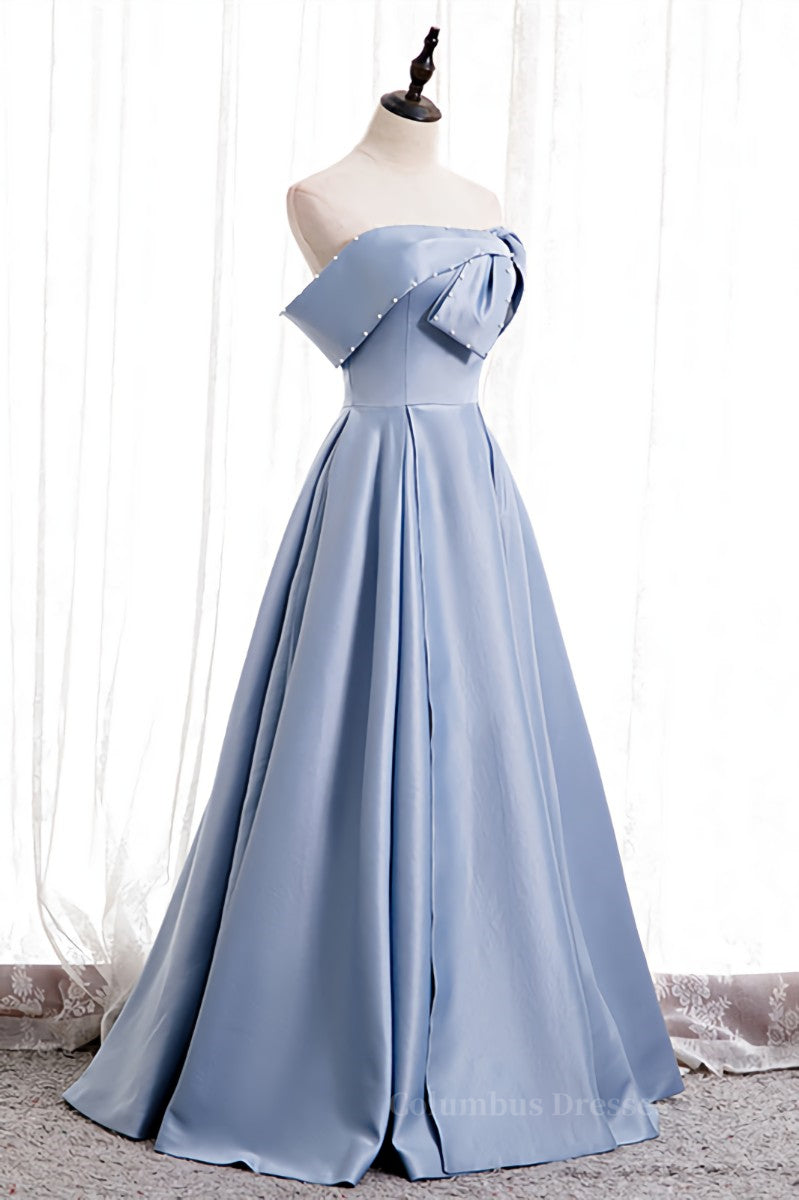 Blue Folded Strapless Satin Lace-Up Pearl Beaded Maxi Formal Dress with Pocket Secondary image