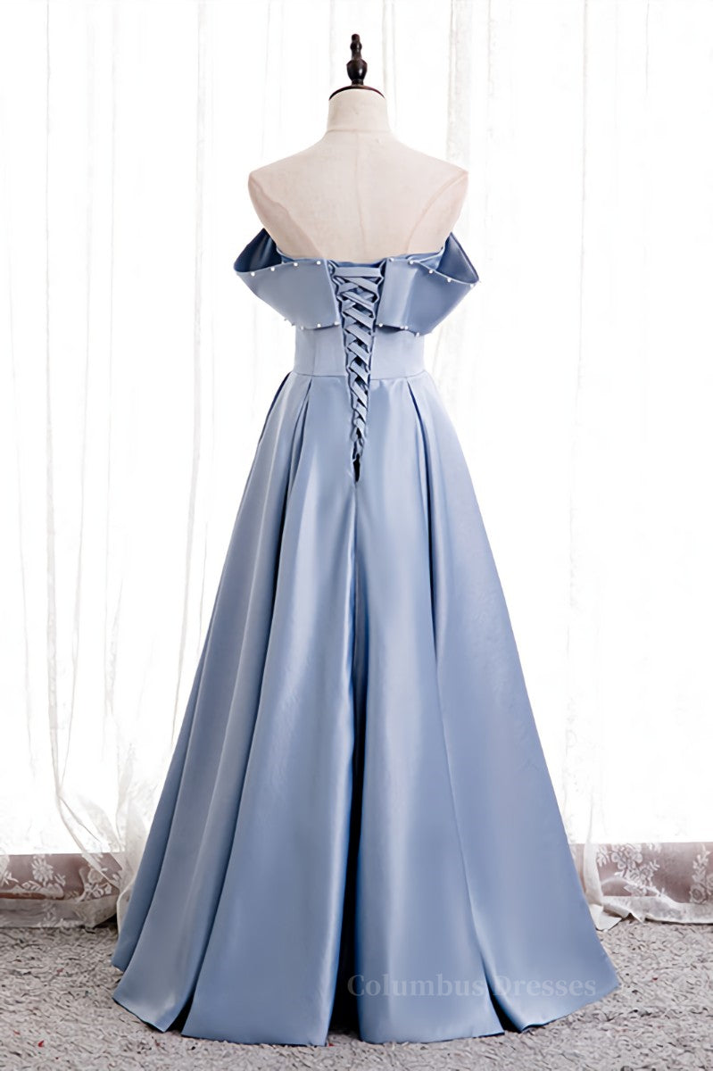 Evening Dresses For Wedding, Blue Folded Strapless Satin Lace-Up Pearl Beaded Maxi Formal Dress with Pocket Main image
