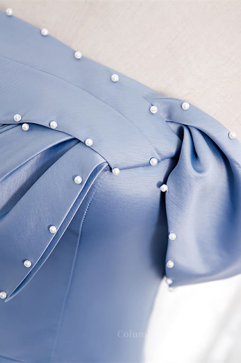 Evening Dresses 90045, Blue Folded Strapless Satin Lace-Up Pearl Beaded Maxi Formal Dress with Pocket