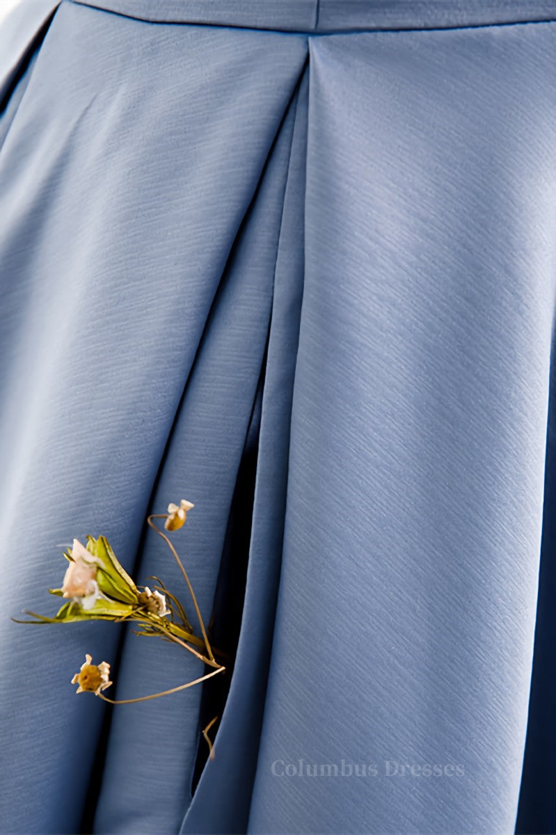 Evening Dress Wholesale, Blue Folded Strapless Satin Lace-Up Pearl Beaded Maxi Formal Dress with Pocket