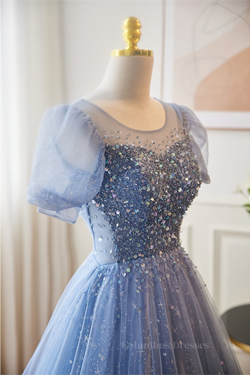 Blue Illusion Neck Puff Sleeves A-line Sequined Long Prom Dress Secondary image