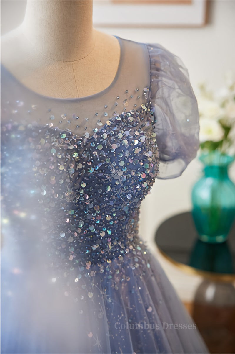 Party Dress Party, Blue Illusion Neck Puff Sleeves A-line Sequined Long Prom Dress Main image
