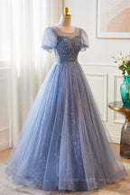 Party Dresses Casual, Blue Illusion Neck Puff Sleeves A-line Sequined Long Prom Dress