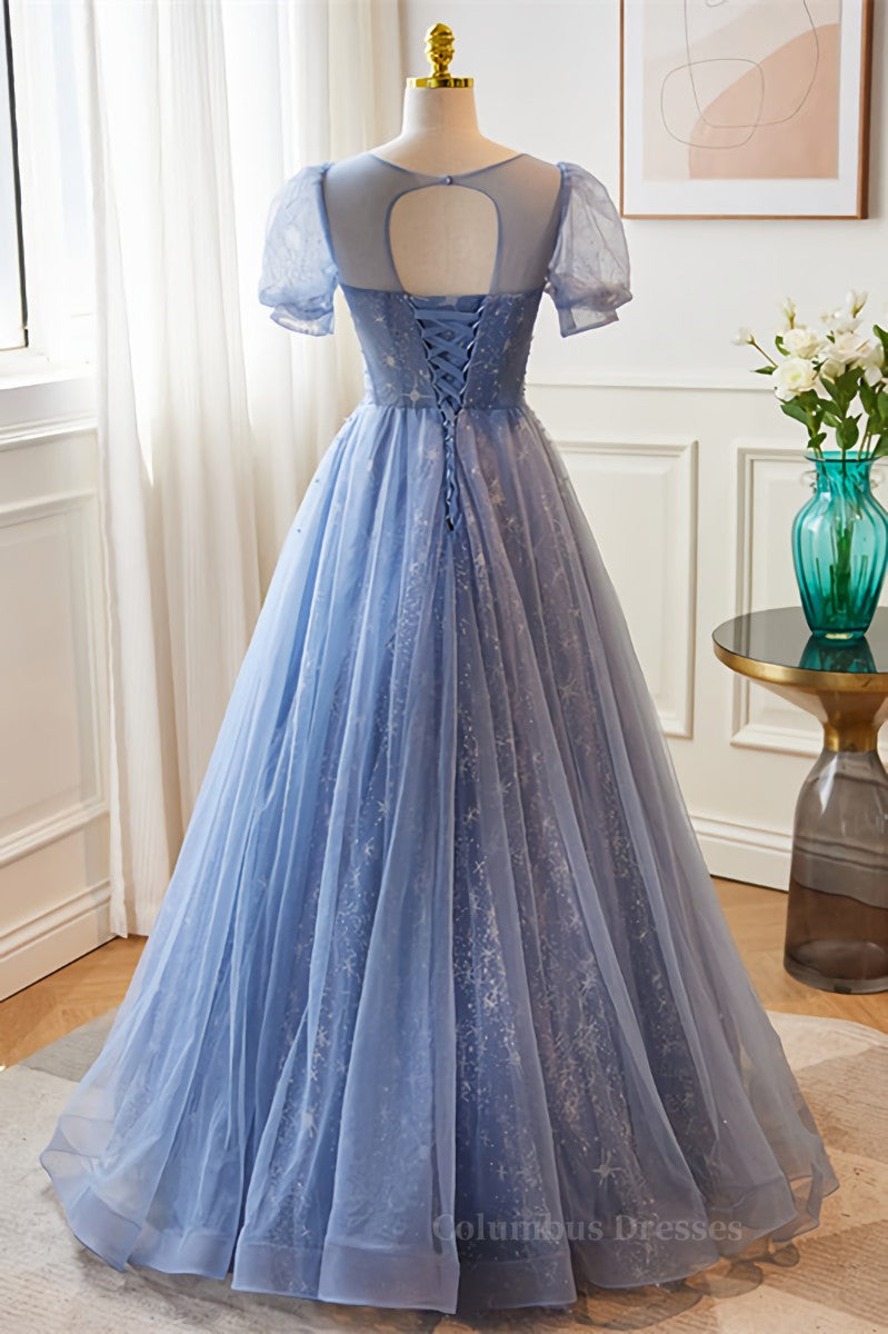 Party Dress Spring, Blue Illusion Neck Puff Sleeves A-line Sequined Long Prom Dress