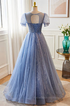 Party Dress Spring, Blue Illusion Neck Puff Sleeves A-line Sequined Long Prom Dress
