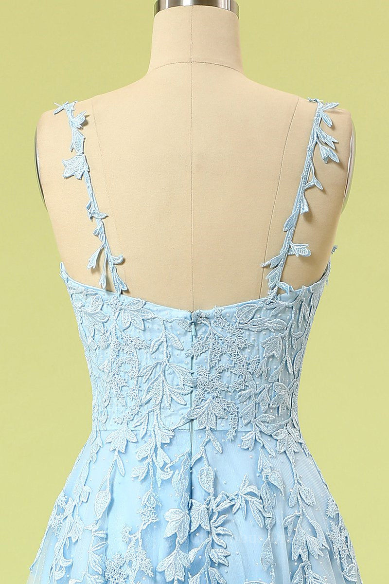 Prom Dresses 2057 Short, Blue Lace Appliques A-line Long Formal Dress