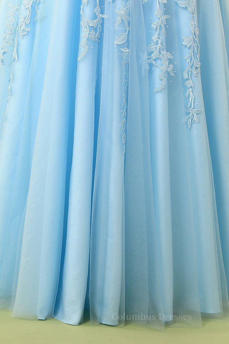 Prom Dress Graduacion, Blue Lace Appliques A-line Long Formal Dress