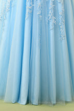 Prom Dress Graduacion, Blue Lace Appliques A-line Long Formal Dress
