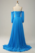 Bridesmaids Dresses Purple, Blue Off-the-Shoulder Long Sleeves Cut-Out A-line Long Prom Dress