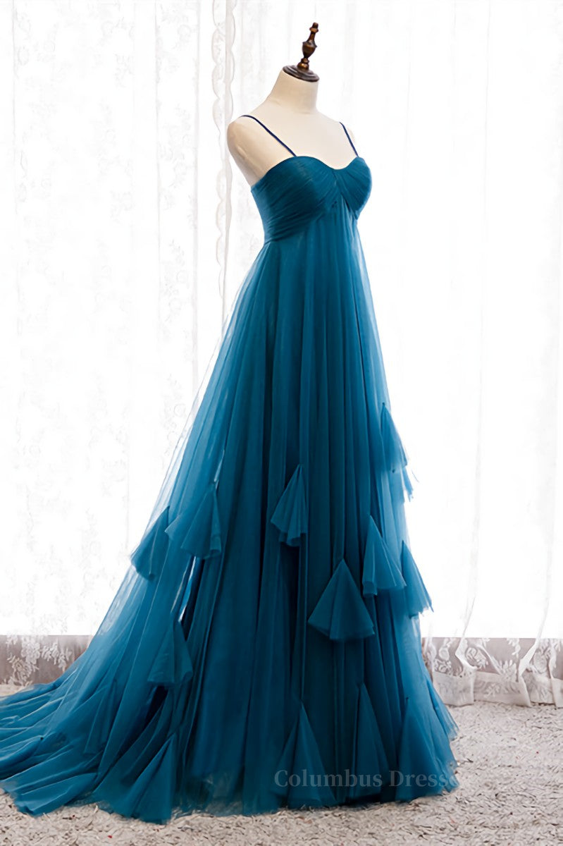 Prom Dresses Nearby, Blue Pleated Straps Ruffle Layers A-line Sweeping Maxi Formal Dress