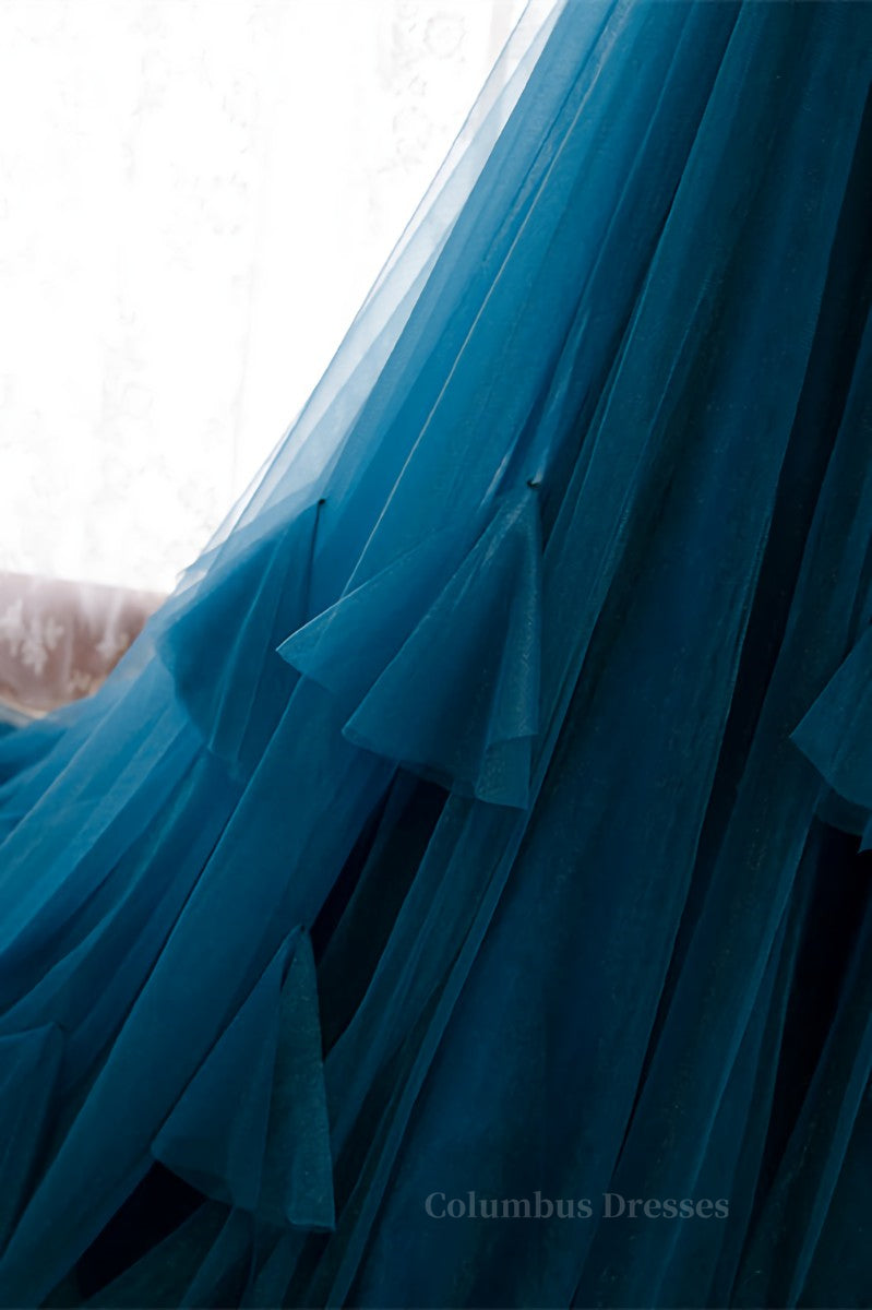 Prom Dresses With Shorts, Blue Pleated Straps Ruffle Layers A-line Sweeping Maxi Formal Dress