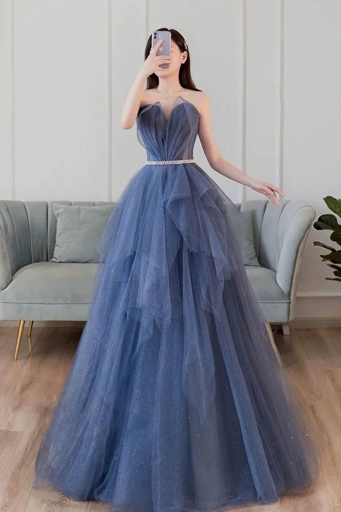 Blue Sweetheart Sleeveless Floor Length Sparkly Evening Prom Dress with Belt Secondary image