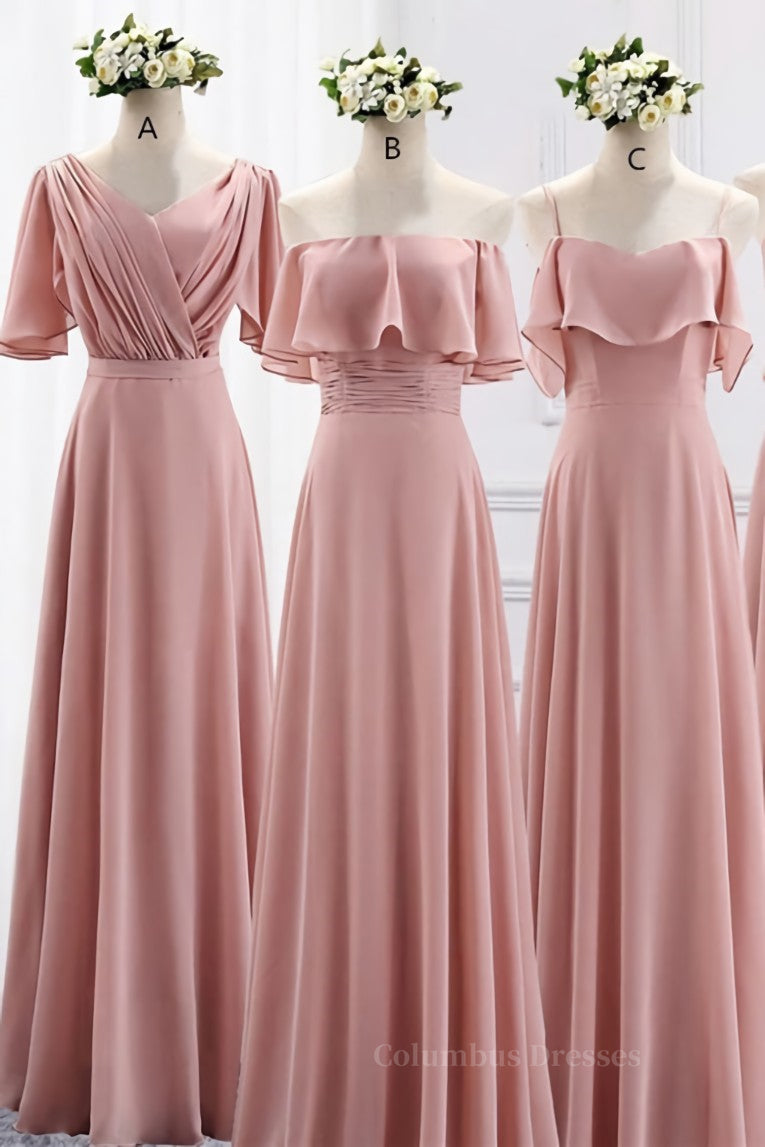 Pink Prom Dress, Blush Pink Chiffon Long Mismatch Bridesmaid Dresses