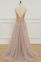 Fall Wedding Color, Blush Pink Deep V Neck Beading-Embroidered Long Prom Dress with Slit