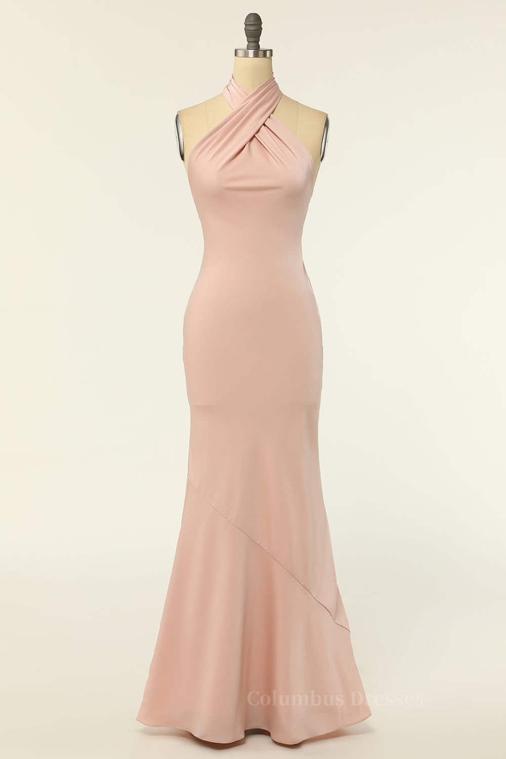 Prom Dresses For Curvy Figure, Blush Pink Mermaid Cross Front High Neck Long Bridesmaid Dress