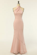 Prom Dresses For Curvy Figure, Blush Pink Mermaid Cross Front High Neck Long Bridesmaid Dress