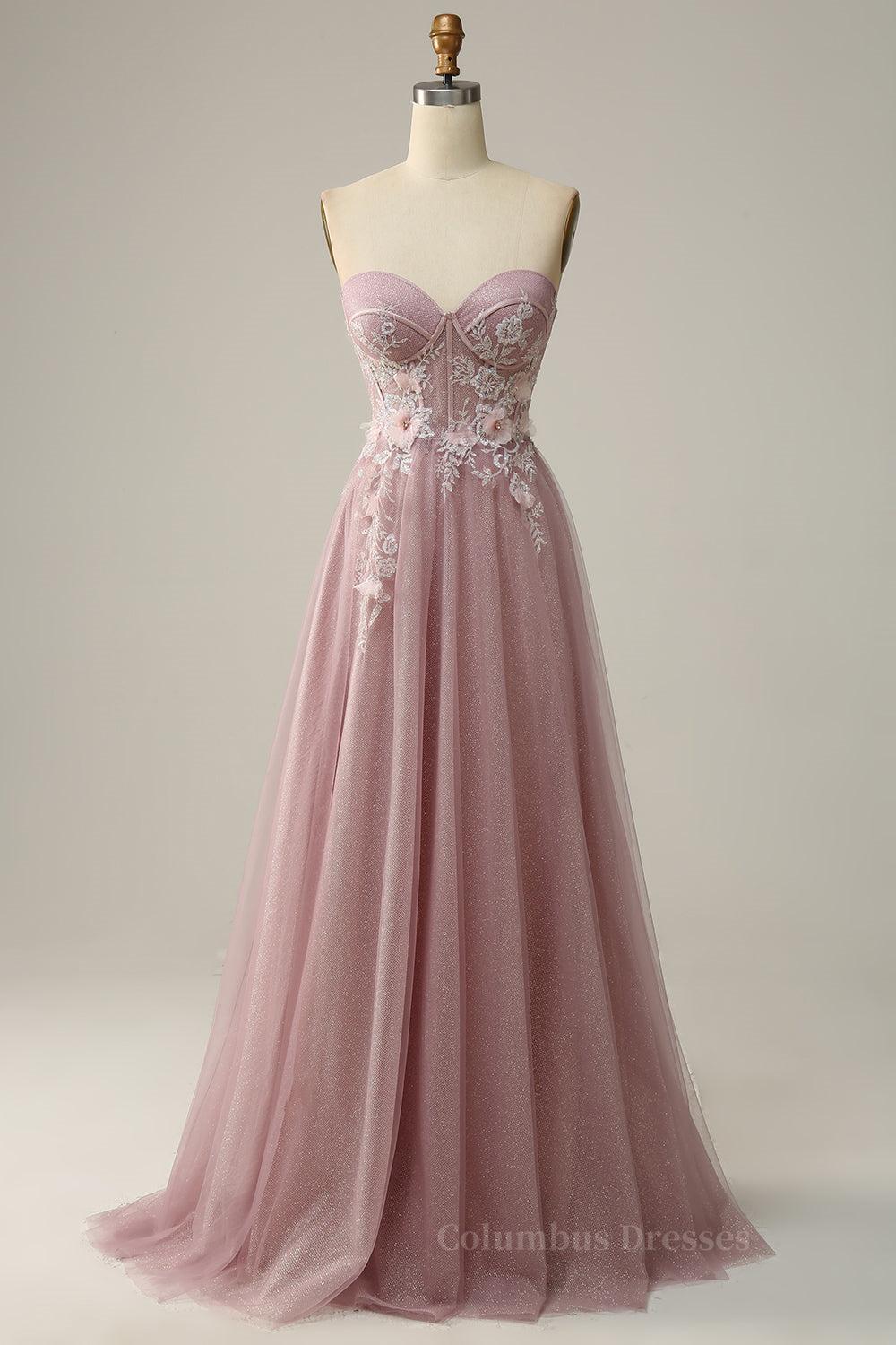Simple Wedding Dress, Blush Pink Strapless Sweetheart Appliques A-line Long Prom Dress