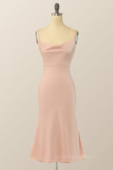 Prom Dress Chicago, Blush Pinl Cowl Neck Midi Dress with Straps