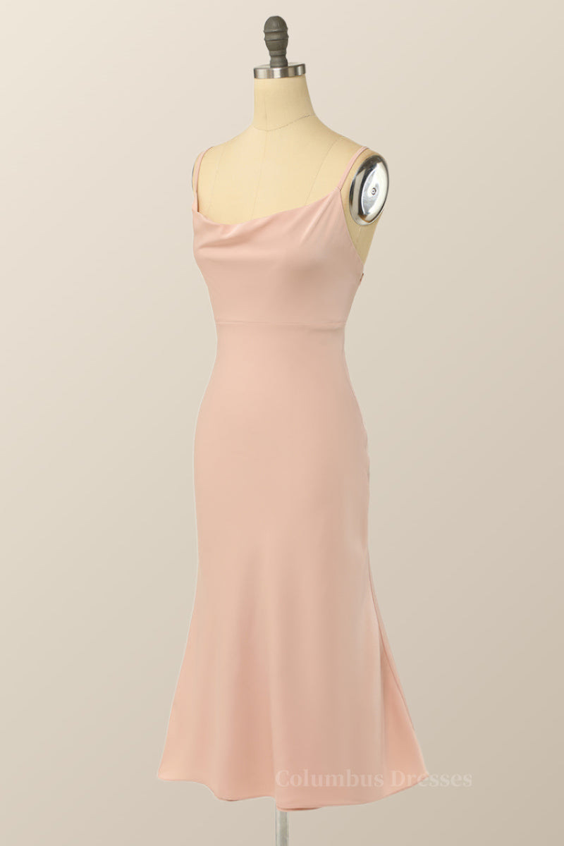 Prom Dresses Chicago, Blush Pinl Cowl Neck Midi Dress with Straps