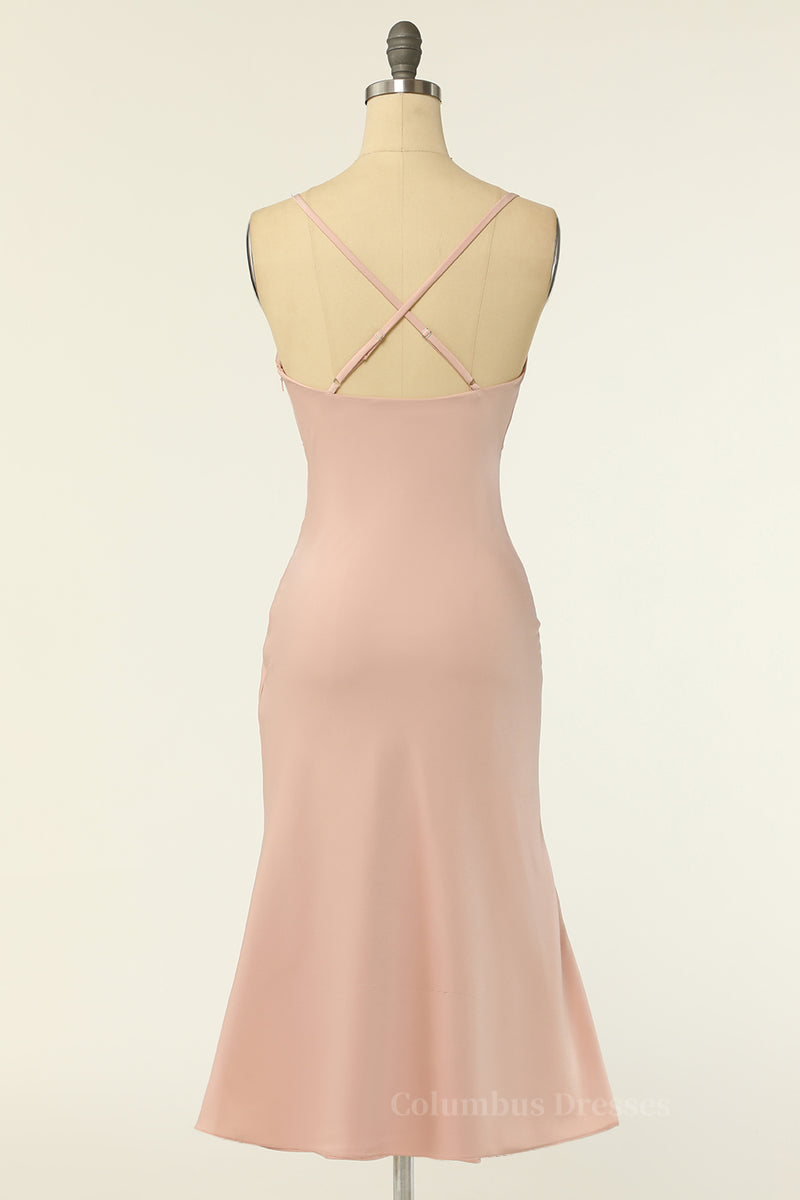 Prom Dresses Glitter, Blush Pinl Cowl Neck Midi Dress with Straps