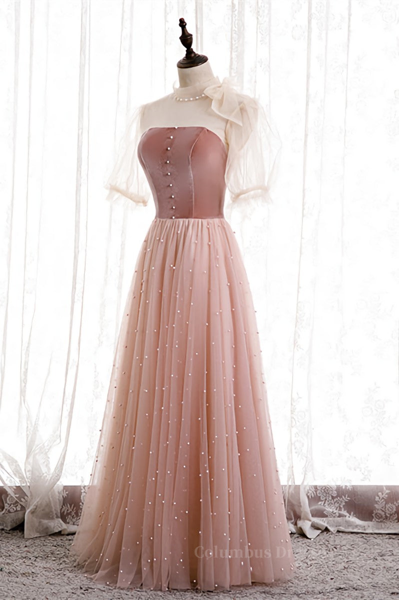 Blushing Pink Illusion Neck Puff Sleeves Pearl Beaded Maxi Formal Dress Secondary image