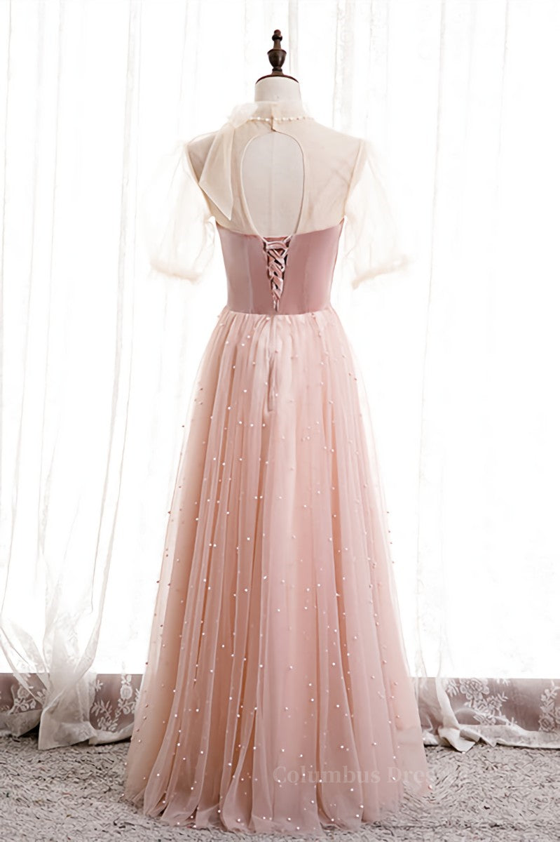 Evening Dresses Prom, Blushing Pink Illusion Neck Puff Sleeves Pearl Beaded Maxi Formal Dress Main image