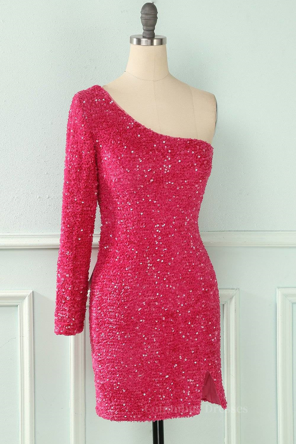Bodycon One Shoulder Long Sleeves Sparkly Mini Homecoming Dress Secondary image