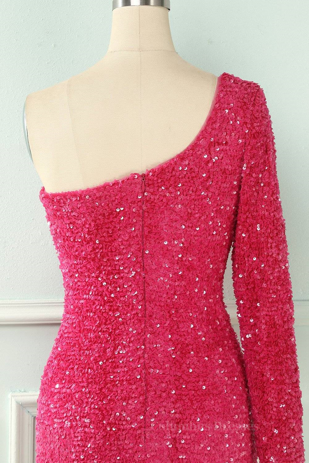 Wedding Dress, Bodycon One Shoulder Long Sleeves Sparkly Mini Homecoming Dress