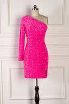 Prom Dress Burgundy, Bodycon One Shoulder Long Sleeves Sparkly Mini Homecoming Dress