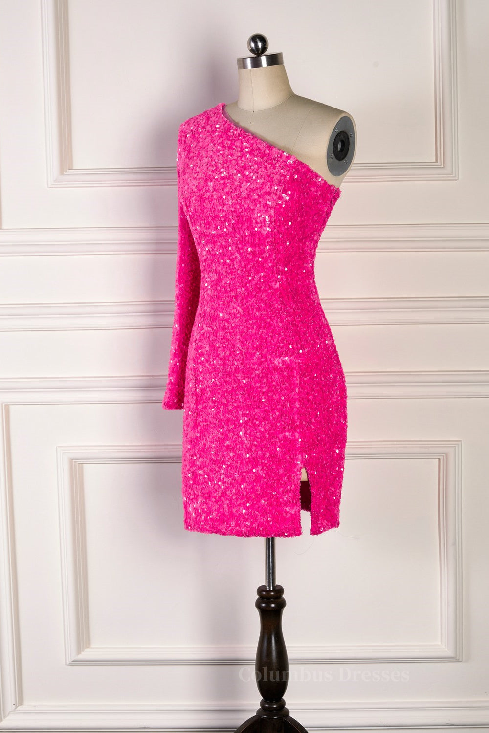 Prom Dresses Burgundy, Bodycon One Shoulder Long Sleeves Sparkly Mini Homecoming Dress