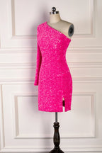 Prom Dresses Burgundy, Bodycon One Shoulder Long Sleeves Sparkly Mini Homecoming Dress
