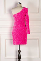 Prom Dresses Yellow, Bodycon One Shoulder Long Sleeves Sparkly Mini Homecoming Dress